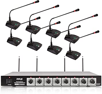 Photo 1 of Pyle 8 Channel Wireless Microphone System - Portable VHF Cordless Audio Mic Set with 1/4" and XLR Output, Dual Antenna, - Includes 8 Table Top Mics, Rack Mountable Receiver Base - PDWM8300, Black
