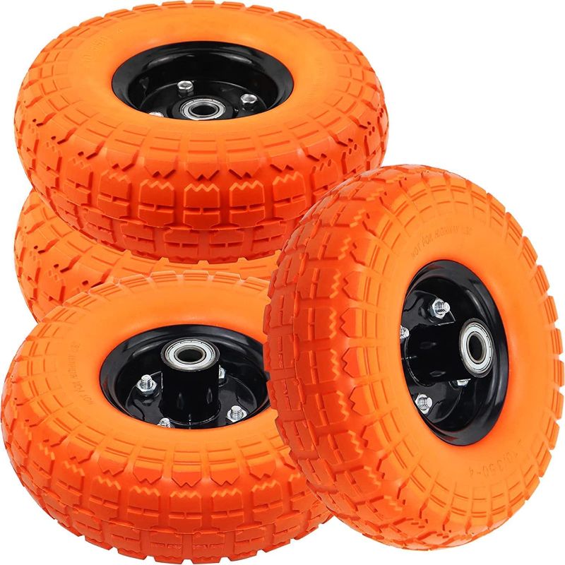 Photo 1 of 10" Flat Free Tires Solid Rubber Tyre Wheels?4.10/3.5-4 Air Less Tires Wheels with 5/8" Center Bearings *yellow and red*