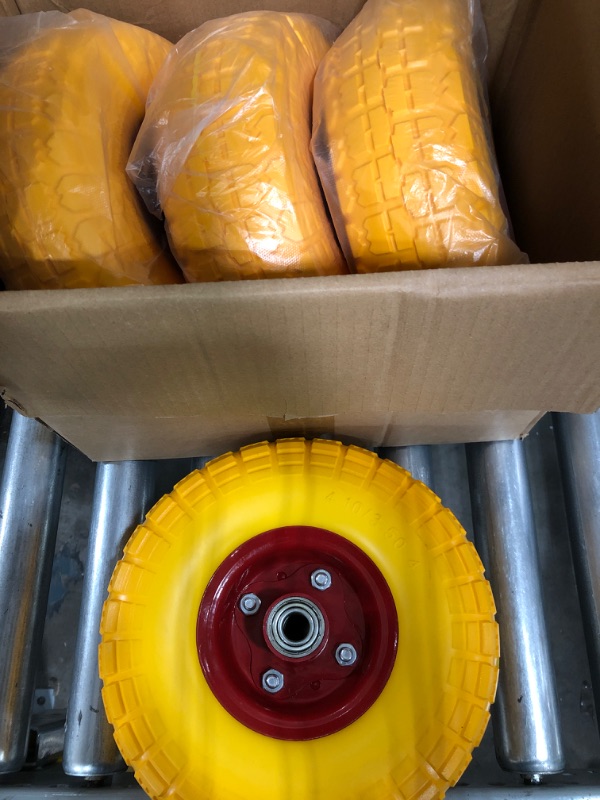 Photo 2 of 10" Flat Free Tires Solid Rubber Tyre Wheels?4.10/3.5-4 Air Less Tires Wheels with 5/8" Center Bearings *yellow and red*