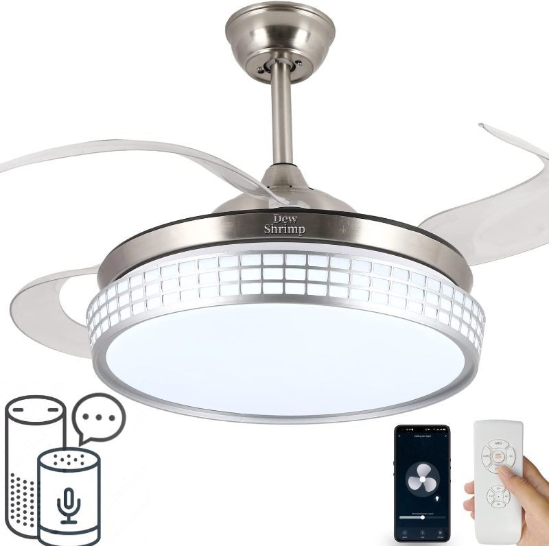 Photo 1 of DewShrimp WiFi Retractable Ceiling Fan with Light, Voice and APP Remote Control, 3 Light Change LED Smart Ceiling Fan Chandelier, Compatible Alexa and Google Assistant 36W 42 Inch (Silver)

