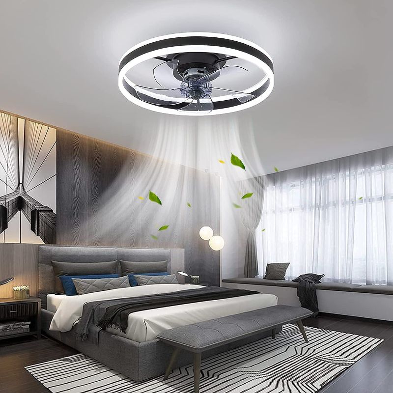 Photo 1 of CHANFOK Ceiling fan with Light - Flush Mount Modern Indoor 19.7" LED Dimmable Low Profile Ceiling Fans with Remote Control,Smart 3 Light Color Change and 6 speeds (Black)
