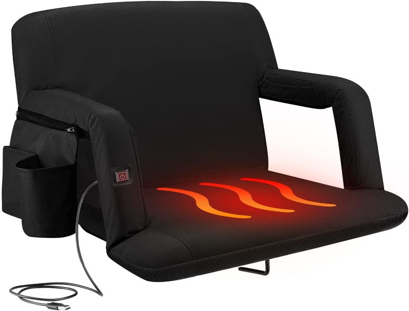 Photo 1 of Alpcour Heated Folding Stadium Seat – Deluxe Reclining Bleacher Chair with Back & Arm Support – Extra Thick, Lightweight and Waterproof with Detachable Pocket for Phone, Drinks, and Food
