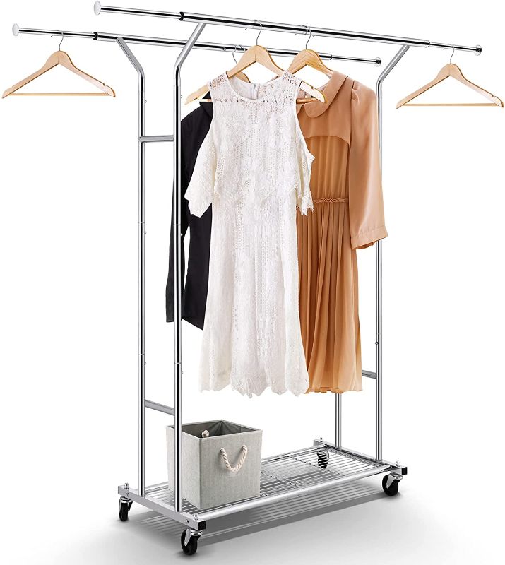 Photo 1 of Simple Trending Double Rail Clothing Garment Rack, Heavy Duty Commercial Grade Rolling Clothes Organizer with Wheels and Bottom Shelves, Holds up to 250 lbs, Chrome
