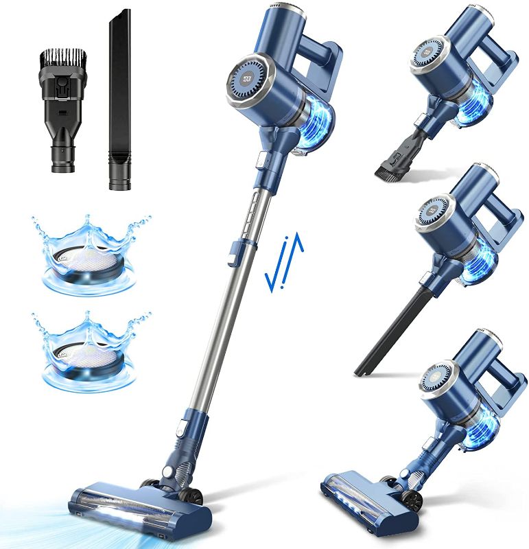 Photo 1 of Cordless Vacuum Cleaner with LED Display, 20000Pa Stick Vacuum 4 in 1, Lightweight, Up to 30 Minutes Runtime, with HEPA Filter for Hardwood Floor Carpet, Pet Hair, Best Gift for Your Family, W200 missing the middle silver piece shown in the stock photo
