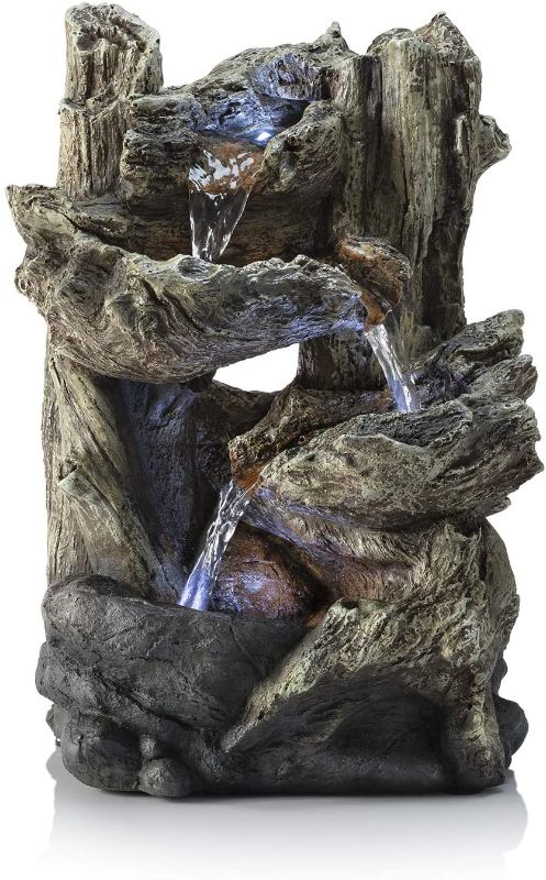 Photo 1 of (Major Damage) Alpine Corporation 14" Tall Indoor/Outdoor Tiered Log Tabletop Fountain with LED Lights, Beige
