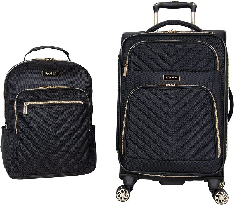 Photo 1 of Kenneth Cole Reaction Women's Chelsea Luggage Chevron Softside 8-Wheel Spinner Expandable Suitcase Collection, Black, 2pc Bundle (Carry On+Backpack)
