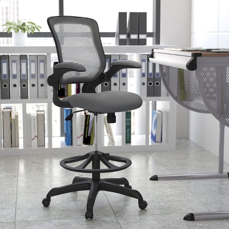 Photo 1 of Flash Furniture Mid-Back Dark Gray Mesh Ergonomic Drafting Chair with Adjustable Foot Ring and Flip-Up Arms
