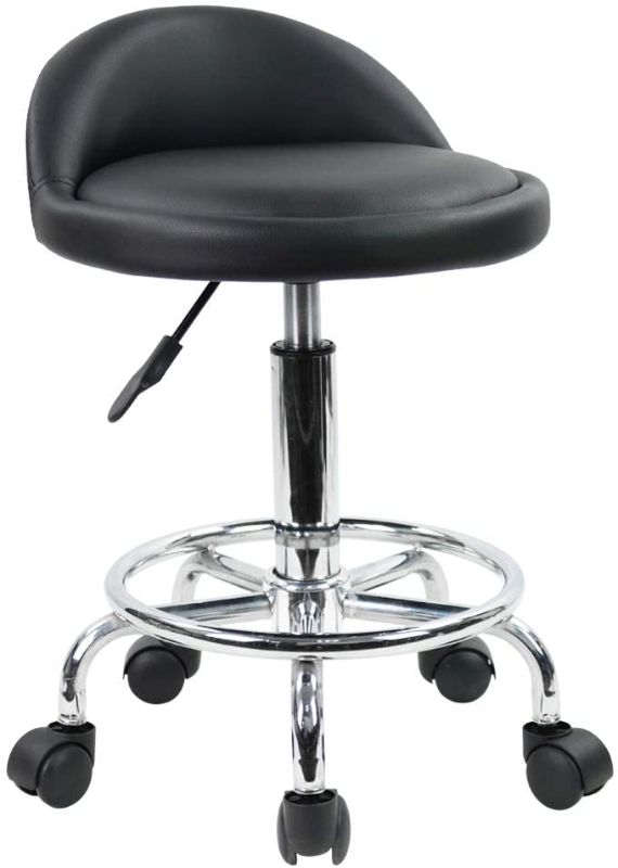 Photo 1 of KKTONER PU Leather Round Rolling Stool with Foot Rest Height Adjustable Swivel Drafting Work SPA Task Chair with Wheels (Black)
