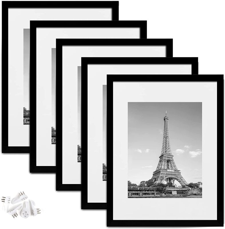 Photo 1 of 12x16 Picture Frame Set of 5,Display Pictures 8.5x11 with Mat or 12x16 Without Mat,Wall Gallery Photo Frames,Black