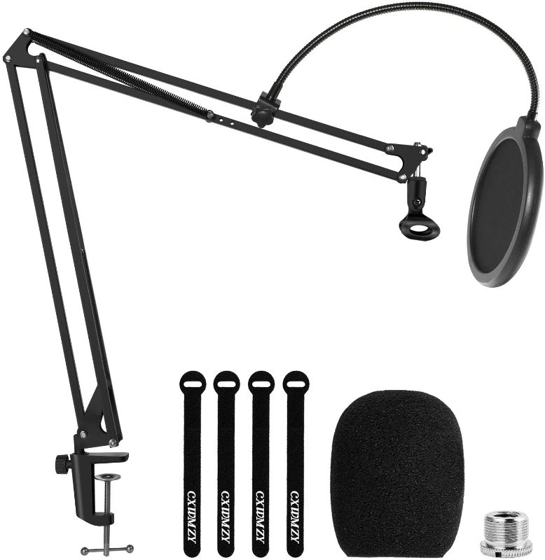 Photo 1 of CXWMZY Microphone Arm Stand, Upgraded Heavy Adjustable Microphone Suspension Boom Scissor Arm Stand with Pop Filter 3/8" to 5/8" Adapter for Yeti Nano Snowball Ice and Other Mic
