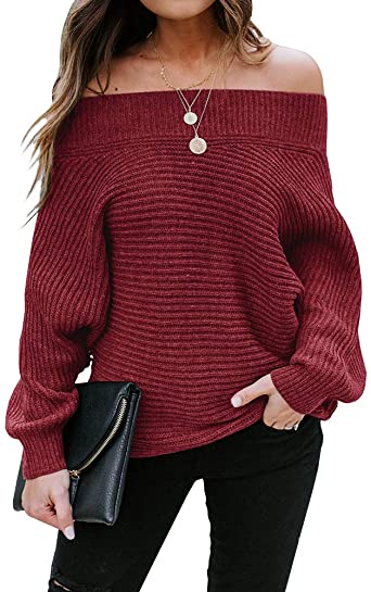 Photo 1 of Foshow Womens Off Shoulder Batwing Sleeve Pullover Oversized Ribbed Knit Sweaters Casual Sexy Slouchy Jumper Tunic Tops-L
