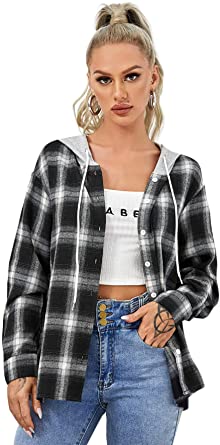 Photo 1 of Verdusa Women's Plaid Button Front Long Sleeve Drawstring Hoodie Overshirt Jacket-M