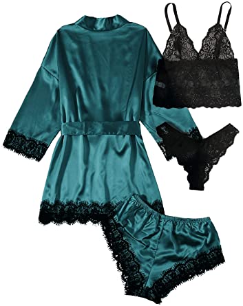 Photo 1 of SOLY HUX Women's Satin Pajama Set 4pcs Floral Lace Trim Cami Lingerie Sleepwear with Robe-small 
