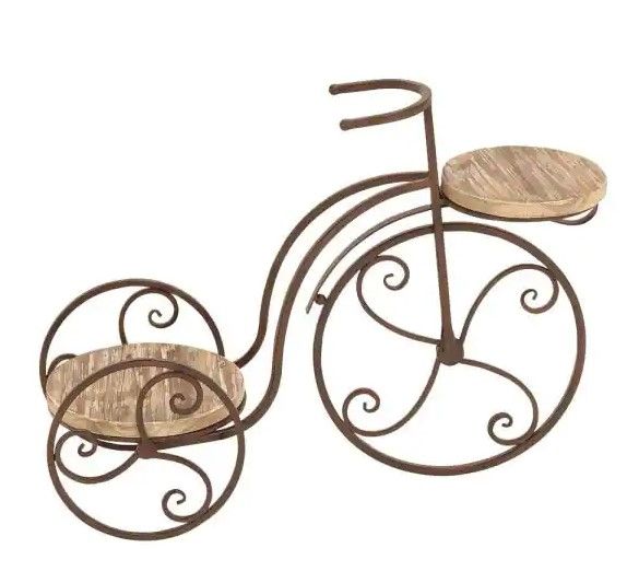 Photo 1 of 19 in. Brown Fir Wood Vintage Bicycle-Inspired Indoor Plant Stand
