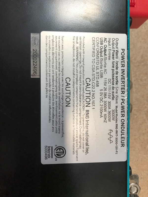 Photo 5 of (DENTED SIDE; MISSING POWER CORDS)
Renogy 3000W Pure Sine Wave Inverter 12V DC to 120V AC Converter for Home, RV, Truck, Off-Grid Solar Power Inverter 12V to 110V with Built-in 5V/2.1A USB Port, AC Hardwire Port, Remote Controller
