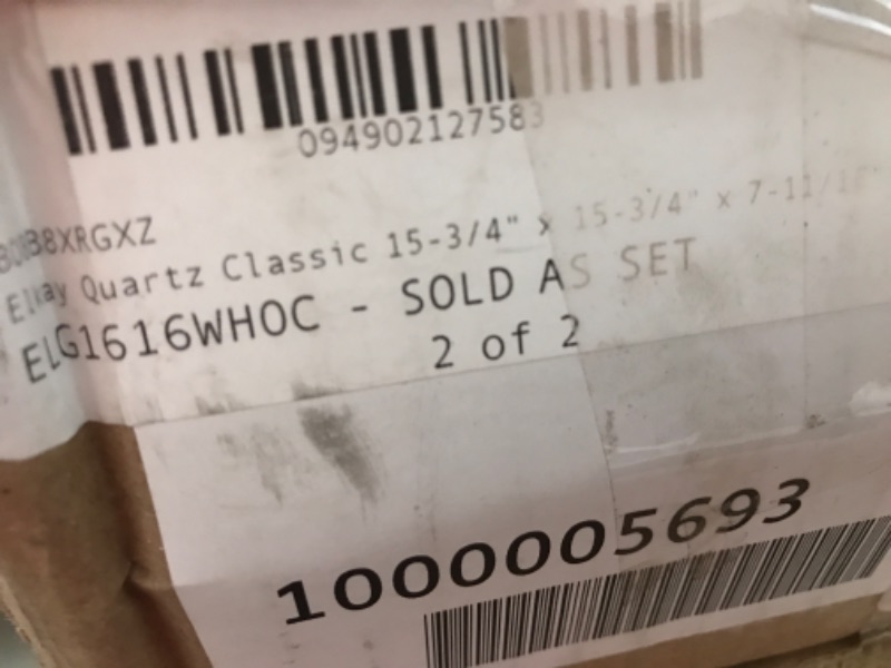 Photo 3 of (INCOMPLETE)
(BOX 2OF2)
(REQUIRES BOX1 FOR COMPLETION)
(DOES NOT INCLUDE SINK)
Elkay Quartz Classic ELG1616WH0C 15-3/4" x 15-3/4" x 7-11/16", Single Bowl Dual Mount Bar Sink Kit, White
