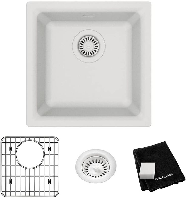 Photo 1 of (INCOMPLETE)
(BOX 2OF2)
(REQUIRES BOX1 FOR COMPLETION)
(DOES NOT INCLUDE SINK)
Elkay Quartz Classic ELG1616WH0C 15-3/4" x 15-3/4" x 7-11/16", Single Bowl Dual Mount Bar Sink Kit, White
