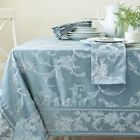 Photo 1 of Benson Mills Harmony Scroll Woven Damask Fabric Tablecloth (60" X 104" Rectangular, Silver – Blue)