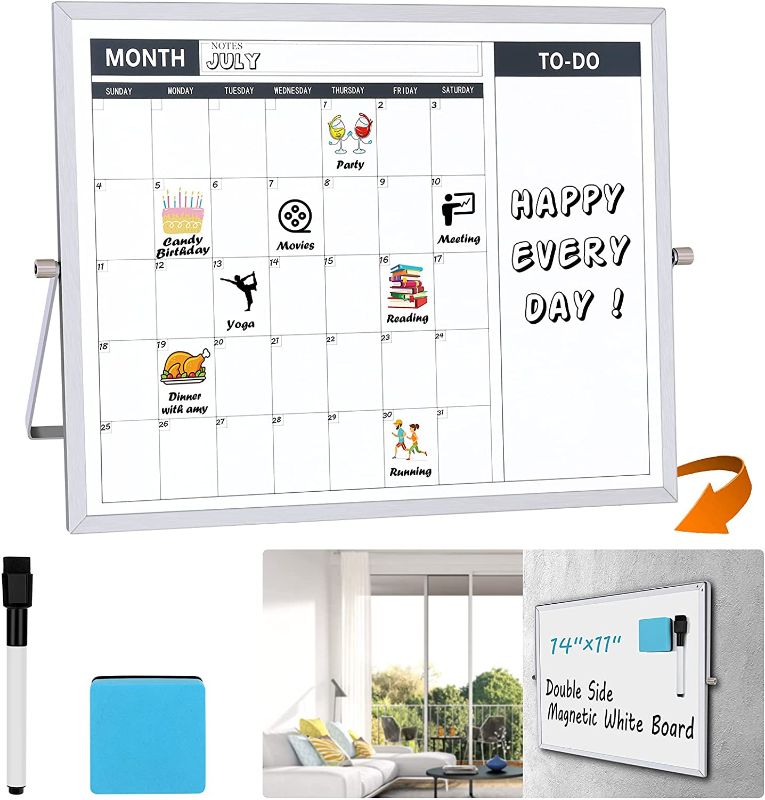 Photo 1 of SET OF 3 Dry Erase White Board - Small Double-Sided 14"X11" Magnetic Desktop Whiteboard Calendar with Stand, Portable Tabletop Monthly Weekly Daily Easel Planner Chores Chart for Kids, Drawing, Memo, Desk
