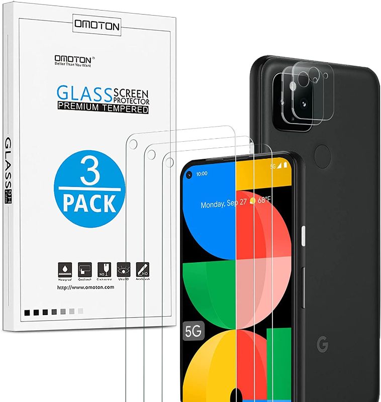 Photo 1 of SET OF 5 [3 + 2 Pack] OMOTON Screen Protector for Google Pixel 5a 5G (Not for Pixel 5), 3 Pack Screen Protector + 2 Pack Camera Lens Protector, Tempered Glass Screen Protector Compatible with Pixel 5a
