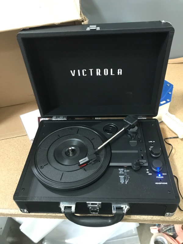 Photo 2 of **THE SPINWHEEL DOESN'T SPIN** Victrola Vintage 3-Speed Bluetooth Portable Suitcase Record Player with Built-in Speakers | Upgraded Turntable Audio Sound| Includes Extra Stylus | Black, Model Number: VSC-550BT-BK
