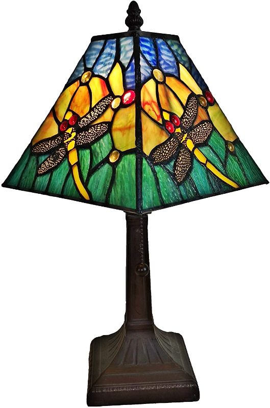 Photo 1 of ** photo is same but the colors are not ** Amora Lighting Tiffany Style Mini Accent Lamp Mission 15" Tall Stained Glass Yellow Floral Flower Dragonfly Vintage Antique Light Bedroom Handmade Gift AM288TL08B, 8 Inches, Multicolor
