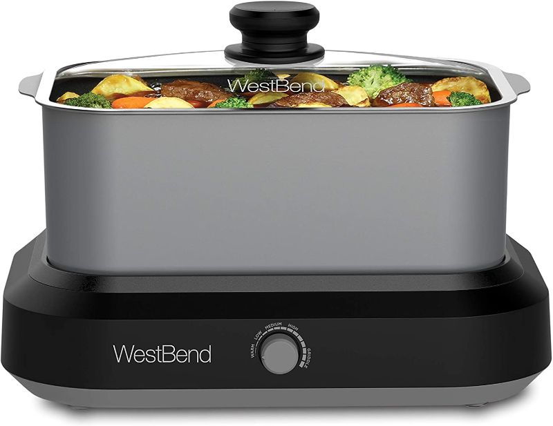 Photo 1 of **tested and function's** West Bend 87905 Slow Cooker Large Capacity Non-stick Variable Temperature Control Includes Travel Lid and Thermal Carrying Case, 5-Quart, Silver
