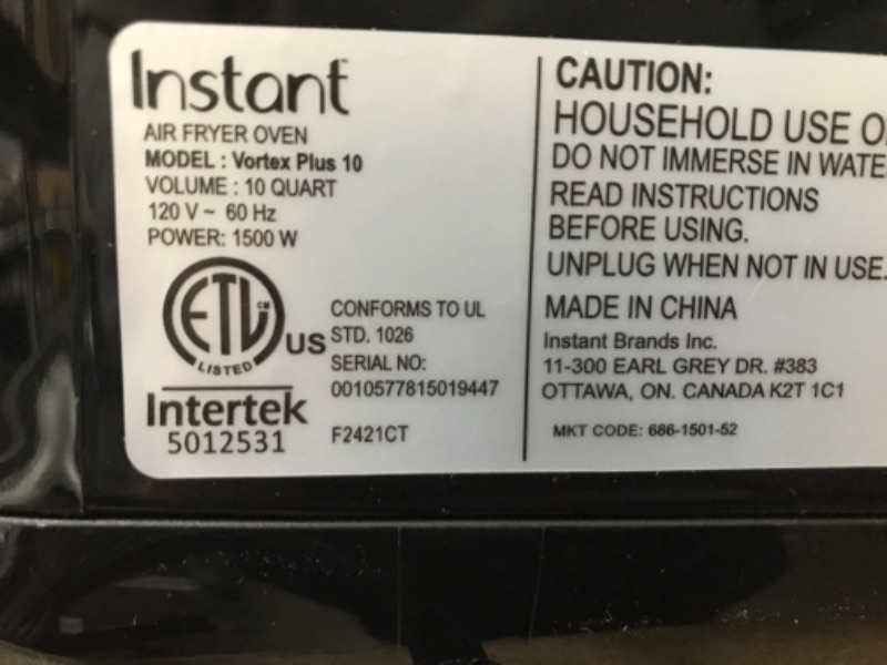 Photo 4 of **MISSING ROTISSERIE BASKET ** Instant Vortex Plus 10 Quart Air Fryer, Rotisserie and Convection Oven, Air Fry, Roast, Bake, Dehydrate and Warm, 1500W, Stainless Steel and Black
