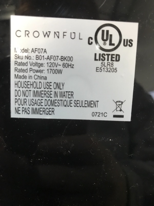 Photo 2 of **PARTS ONLY : DOESN'T TURN ON ** CROWNFUL 7 Quart Air Fryer, Oilless Electric Cooker with 12 Cooking Functions, LCD Digital Touch Screen with Precise Temperature Control, Nonstick Basket, 1700W, UL Listed-Black ** PICTURE SHOWS IT PLUGGED IT BUT NOT TURN