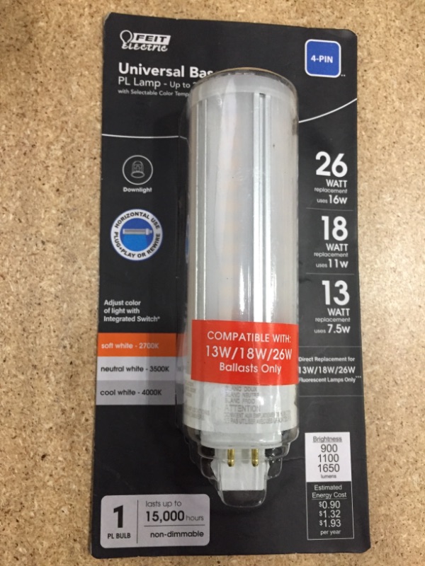 Photo 2 of 13-Watt/18-Watt/26-Watt Equivalent PL Horizontal 4-Pin Universal Color Select(2700K,3500K,4100K) LED Light Bulb (1-Bulb)