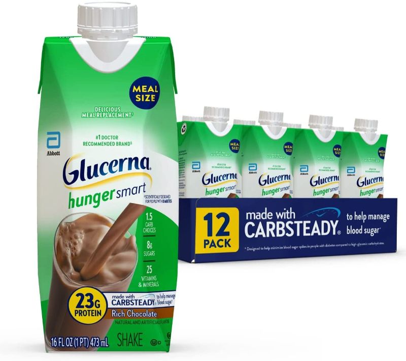 Photo 1 of **expire date : 06/01/2022 -  sold as is  -  no-refunds** Glucerna Hunger Smart Meal Size Shake, Diabetic Meal Replacement, Blood Sugar Management, 23g Protein, 250 Calories, Rich Chocolate, 16-fl-oz Carton, 12 Count
