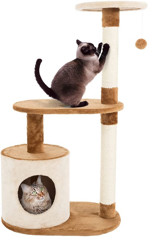 Photo 1 of 3-Tier Cat Tower - 2 Napping Perches, Cat Condo, 2 Sisal Rope Scratching Posts, and Hanging Toy – Cat Tree for Indoor Cats by PETMAKER (Brown)
