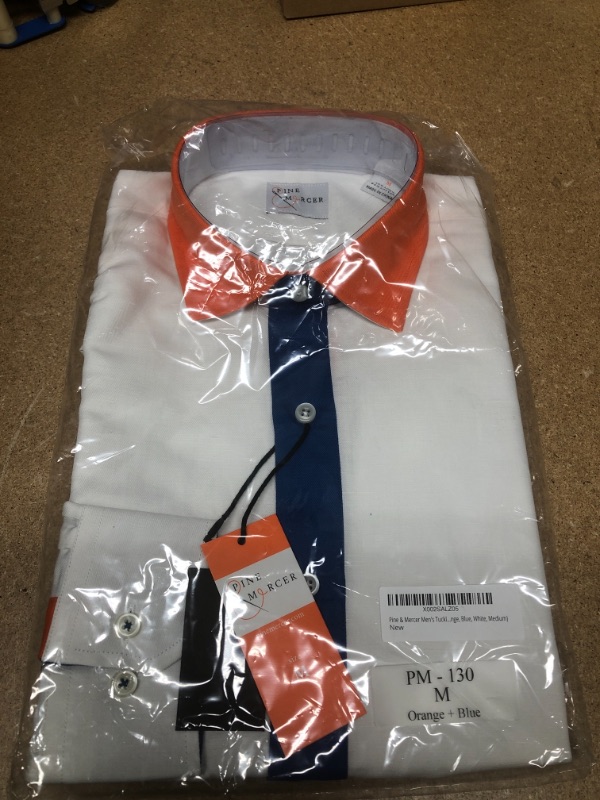 Photo 3 of ** stock picture has the wrong colors, Look more at the pictures for the colors** Medium Pine & Mercer Men's Tuckless Linen and Cotton Long Sleeve Buttoned Down Shirt - Camisa Reserva Limited Edition Orange, White and Blue 
