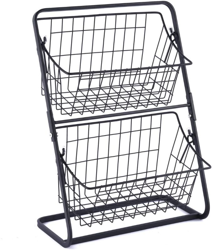 Photo 1 of **missing other half: only has one basket** EAXBUX 2-Tier Fruit Basket Stand, Countertop Fruit Holder, Metal Market Basket Stand Produce Storage, Snacks,Potato, Black
