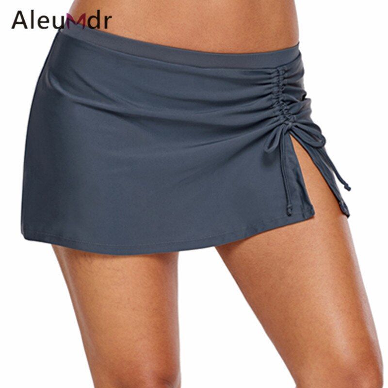 Photo 1 of Medium : Aleumdr Swimwear Women Bikini Bottoms Gray Pleated Side Vent Detail Swim Skirt LC410846