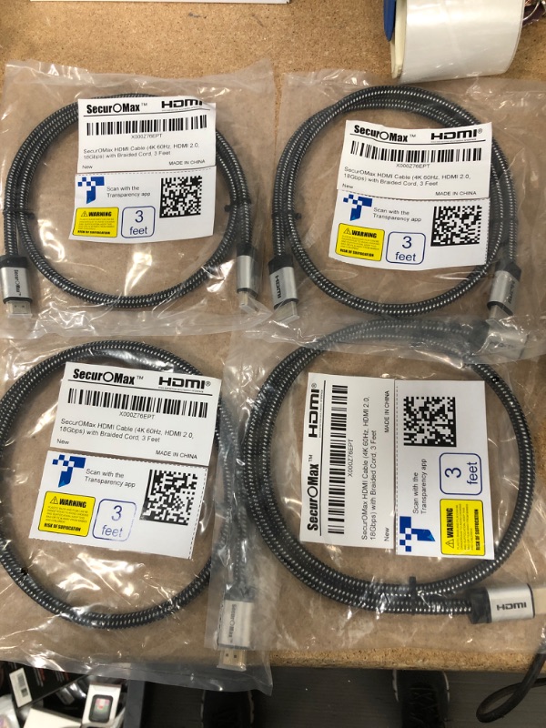 Photo 2 of 4-PACK : SecurOMax HDMI Cable (4K 60Hz, HDCP 2.2, HDR, 18Gbps) with Braided Cord, 3 Feet
