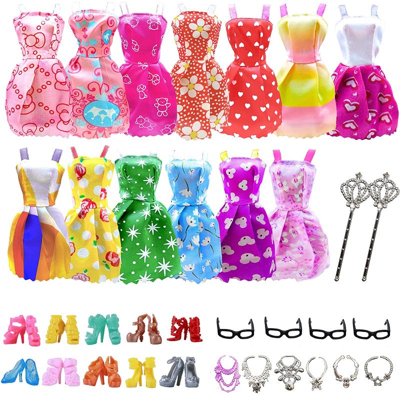 Photo 1 of AMETUS 32 PCS Doll Accessories, 10x Mix Cute Dresses, 10x Shoes, 4X Glasses, 6X Necklaces, 2X Fairy Sticks Dress Clothes for 11.5 inch Doll ( 5 PACK) 
