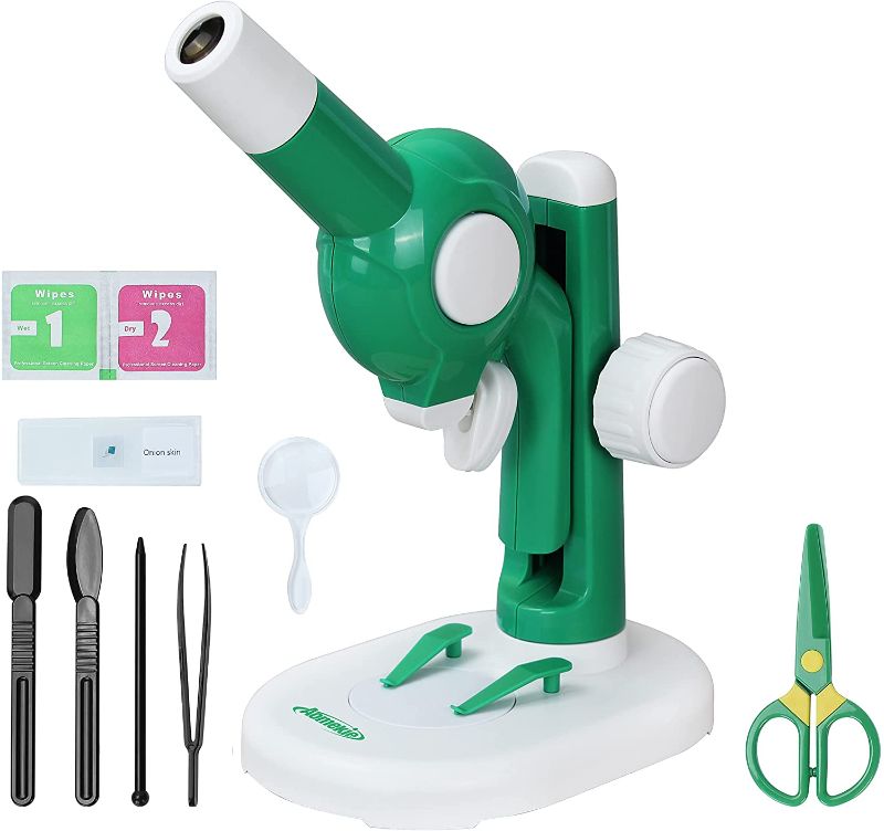 Photo 1 of 
AOMEKIE Kids Microscope with Optical Lens DIY Microscope Kit with Sliced Specimens Plastic Scissors Dissection Tools Science Toy for Ages 3+ (Green)
