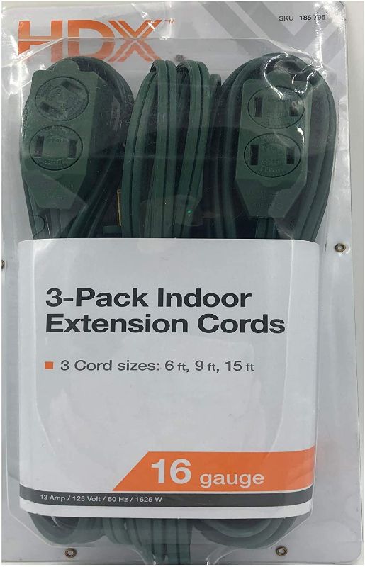 Photo 1 of (2 PACK) OF Home Depot 6/9/15 foot 16/2 Indoor Extension Cord (3-Pack) Green