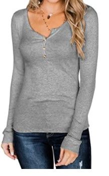 Photo 1 of Joupbjw Women's Long Sleeve Henley Shirts V Neck Slim Knit Ribbed Casual Button Blouse Tops-XXL
