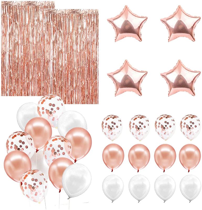 Photo 1 of 2 PACKS OF- Rose Gold Party Decorations, Rose Gold Foil Fringe Curtain Backdrop, Rose Gold and White Balloons Set for Birthday, Graduation Party Decorations, New Years Eve Party Supplies 2021 Decorations
