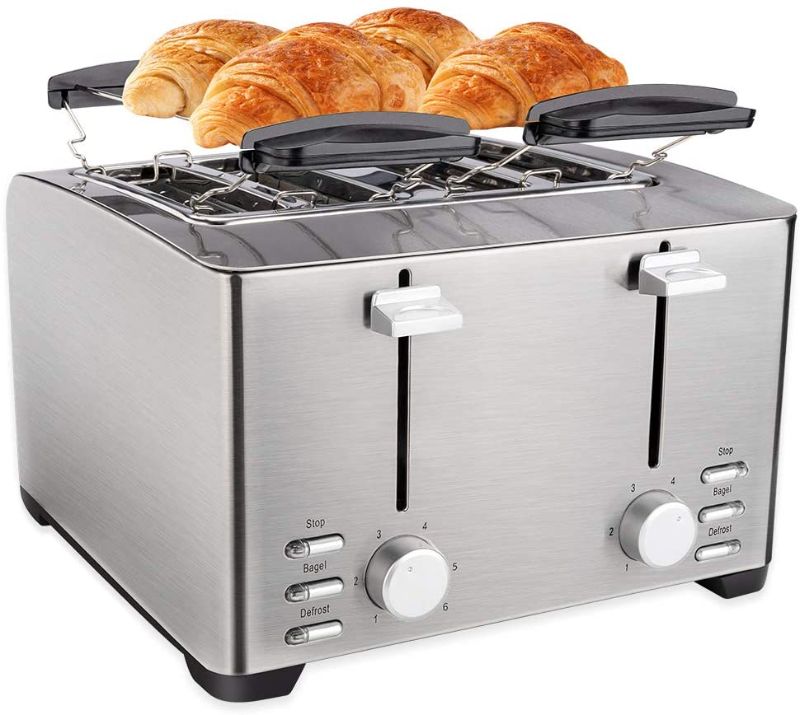 Photo 1 of Schloß 4 Slice Toaster, Extra Wide Slot for Bread, Stainless Steel,Warming Rack, 6 Shade Settings, Bagel/Defrost/Cancel with Removal Crumb Tray (THT-3012D)
