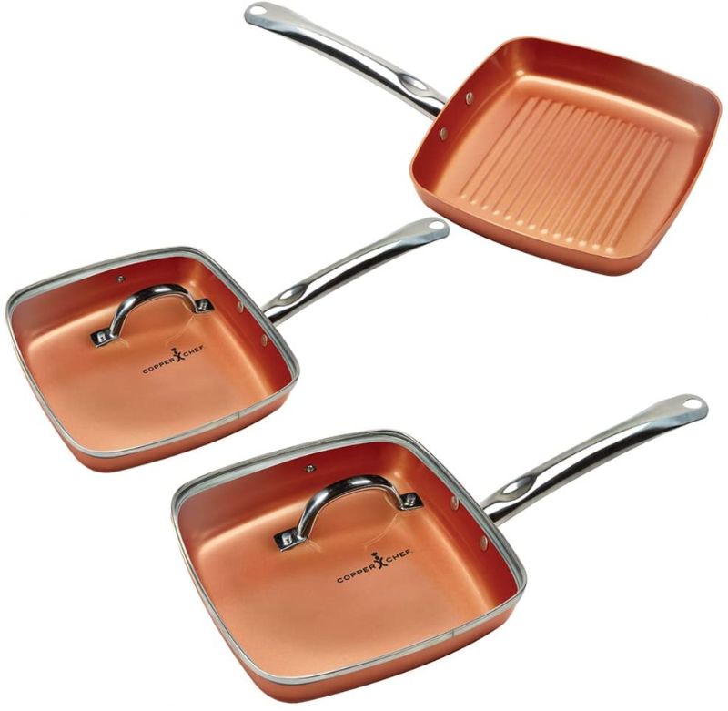 Photo 1 of (3 PIECE)Copper Chef Non-Stick Square Fry Pan 5-Piece Set, 8 Inch Griddle Pan, 9.5 Inch Grill Pan, 11 Inch Griddle Pan, 9.5 Inch Lid, 11 Inch Lid
