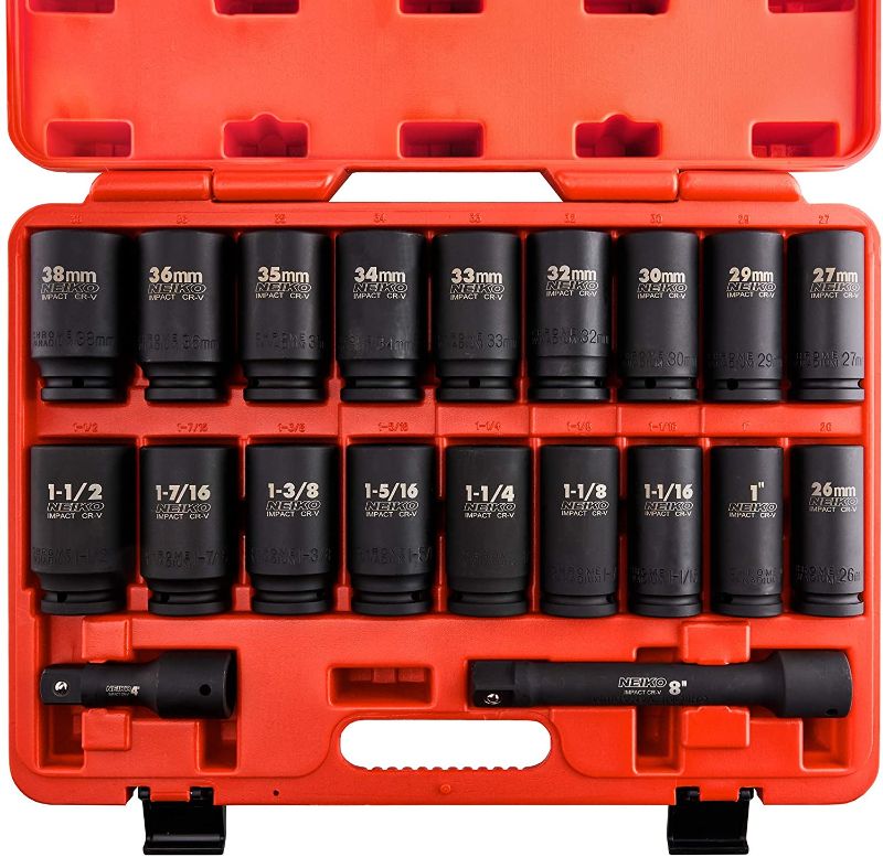 Photo 1 of *SEE last picture for damage*
NEIKO 02347A 3/4-Inch Drive Socket Set, Master 20-Piece SAE and Metric Socket Set, SAE 1" to 1 1/2" and Metric 26 to 38 mm, Extension Bars Included
