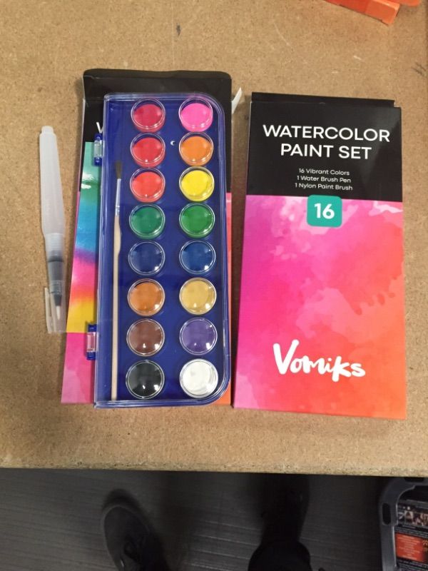 Photo 2 of 2 PC Watercolor Paint Set for Kids, Artists and Adults - Perfect Kit for Beginners or Professionals,16 Vibrant Color Cakes, Includes 1 Water Brush Pen and Paint Brush.
