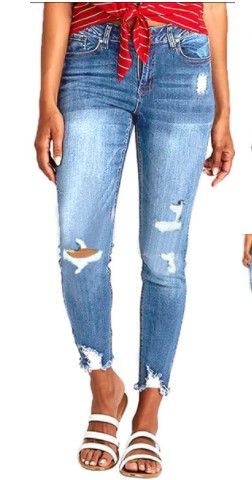 Photo 1 of Light Blue Raw Hem Distressed Skinny Denim Jeans
