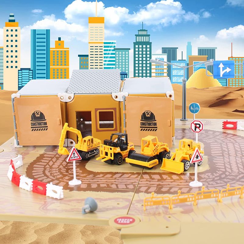 Photo 1 of 136PCS Construction Site Toy Vehicle Set, STEM Building Toys with Play Mat for Kids Boys, DIY Engineering Project Kits with Playmat