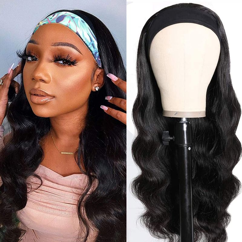 Photo 1 of Headband Wig Human Hair Body Wave 16 Inch Glueless None Lace Front Wig Brazilian Virgin Hair Wear and Go Wigs for Black Women 150% Density Wigs Natural Black Color
