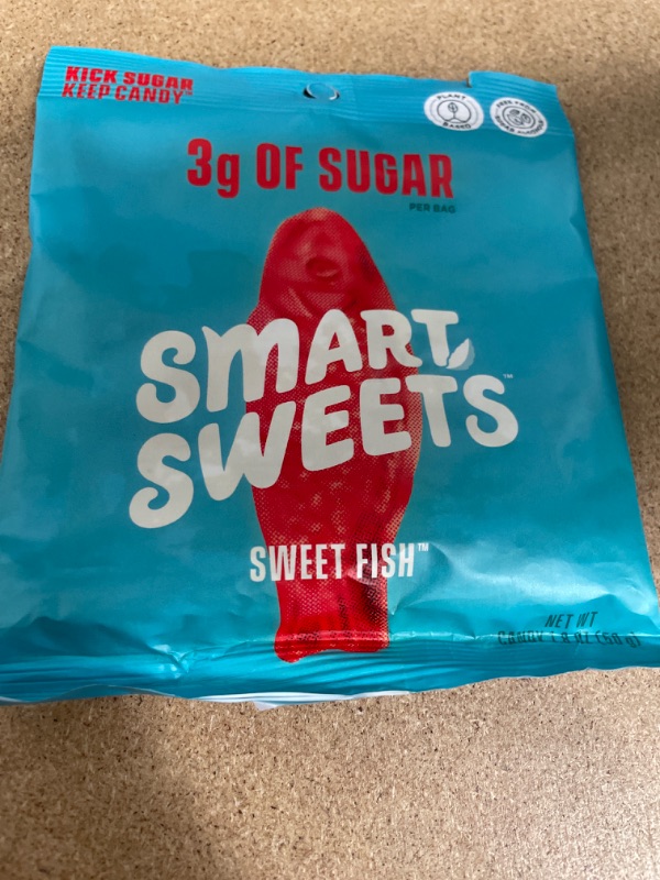 Photo 3 of **BEST BY 01-18-2022**SmartSweets Sweet Fish, Candy with Low Sugar (3g), Low Calorie (100), No Artificial Sweeteners, Vegan, Plant-Based, Gluten-Free, Non-GMO, Healthy Snack for Kids & Adults, 1.8oz (Pack of 12)
