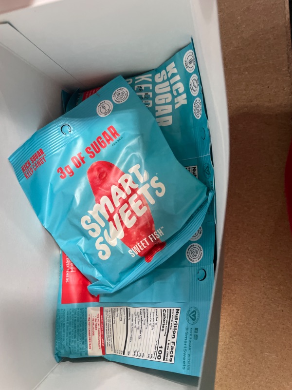 Photo 1 of **BEST BY 01-18-2022**SmartSweets Sweet Fish, Candy with Low Sugar (3g), Low Calorie (100), No Artificial Sweeteners, Vegan, Plant-Based, Gluten-Free, Non-GMO, Healthy Snack for Kids & Adults, 1.8oz (Pack of 12)
